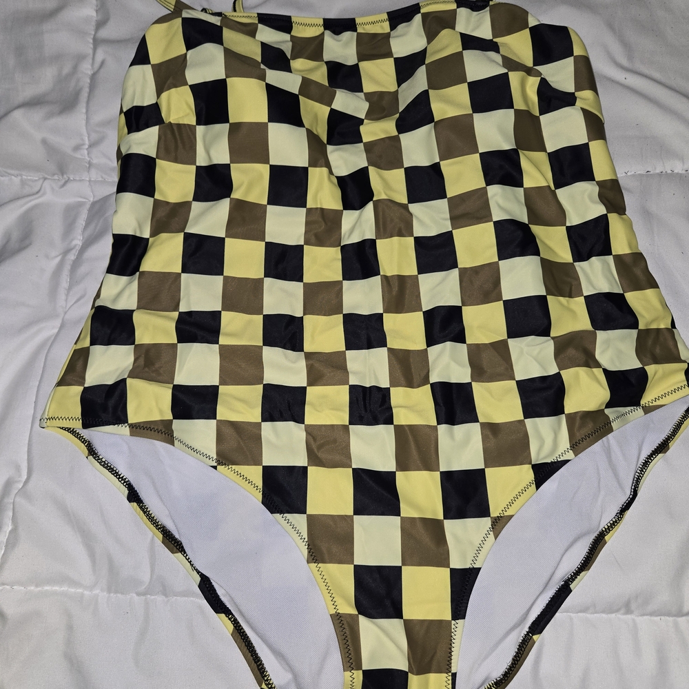 SHEIN Yellow and Khaki Green Checkered One Piece Swimsuit NWOT